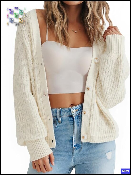 Sweaters - Oversized V-Neck Cardigan Chunky Knit Button Down Long Sleeve Loose Fit